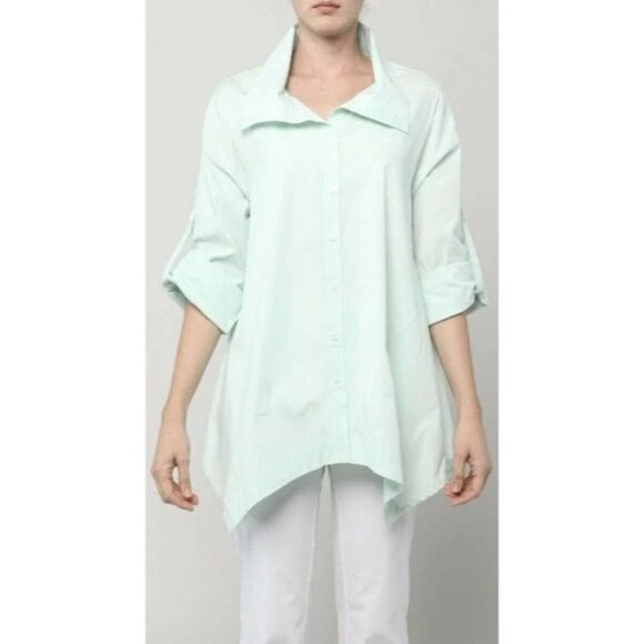 Inae Collection Mint Green Button-Down Asymmetrical Hem Shirt Womens S Cotton/Ny - Picture 1 of 6